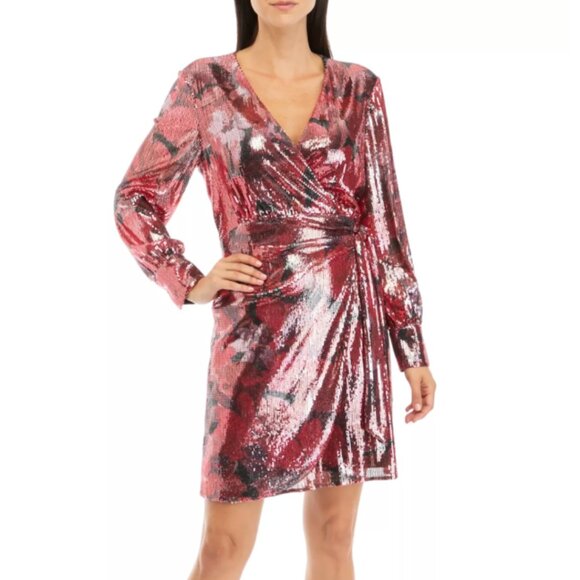 NWT Anne Klein Women's Sequin Faux Wrap Dress Color: Titian Red Multi 12 READ - Picture 3 of 10